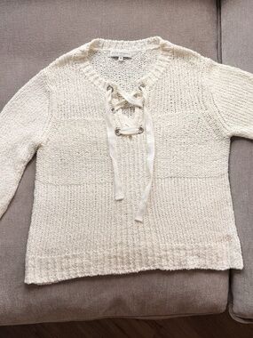 White + Warren Cotton Open Knit Lace-Up Sweater Ivory